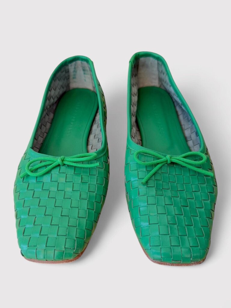 Freda Salvador Jada Square Ballet Flat in green woven leather with bow detail, stylish and comfy for fall fashion. Ideal for versatile everyday wear.
