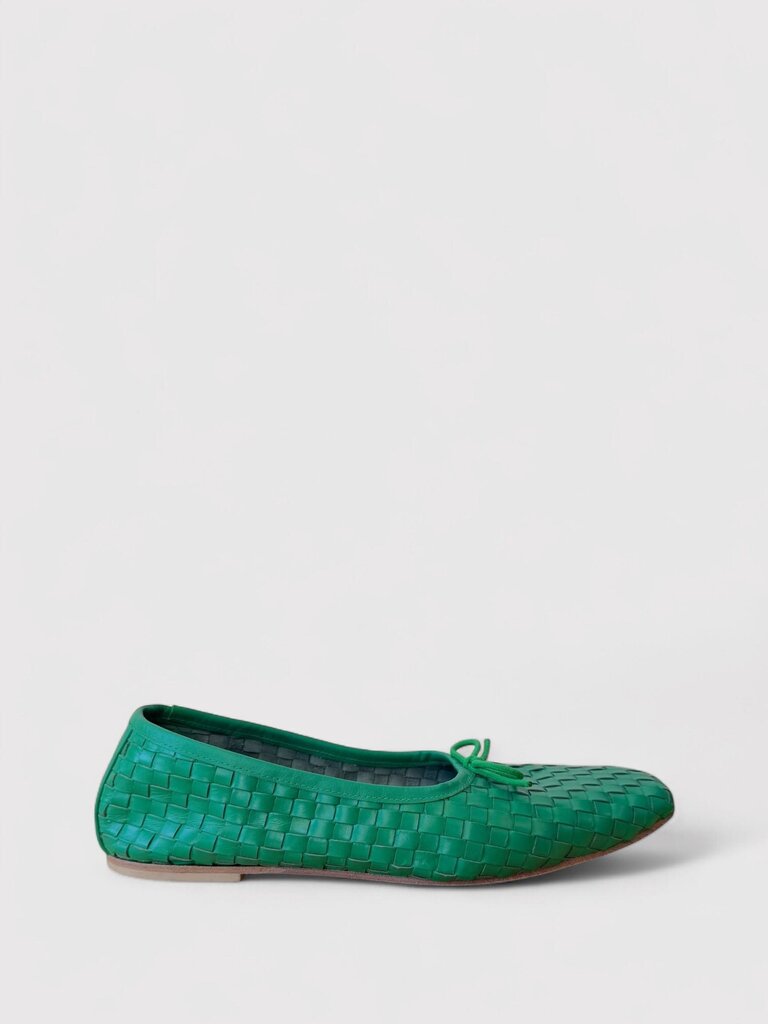 Freda Salvador Jada Square Ballet Flat in green woven leather with a bow detail, showcasing a chic and versatile design for fall fashion.
