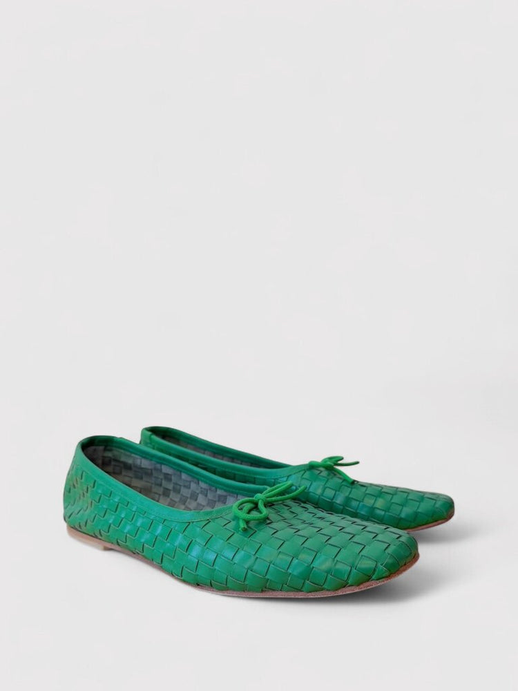 Woven Tote Ballet Flat - Freda Salvador Jada in green leather with square toe and lace detail, perfect for stylish fall footwear.