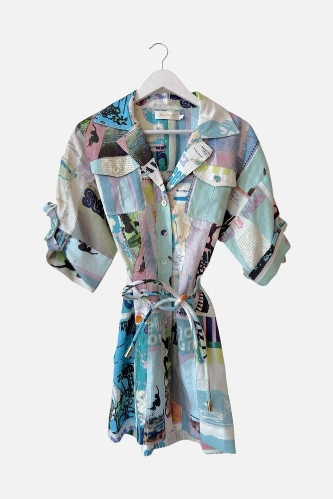 zimmermann glassy safari mini dress Linen Surf Pattern SS Tie Waist This Concert Day minidress Color:Brick-Dark Coast Women's Metal Detail epos:season:SS25