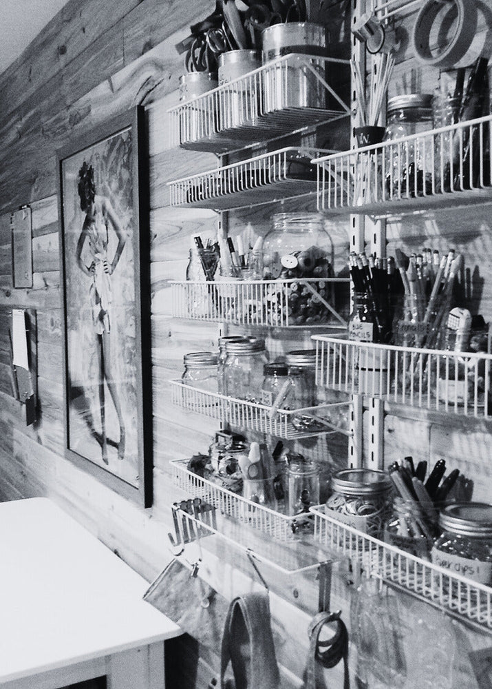 Storage room with shelves filled with various items against a wooden wall.
