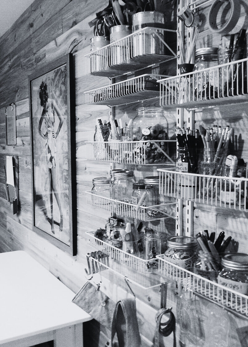 Storage room with shelves filled with various items against a wooden wall.
